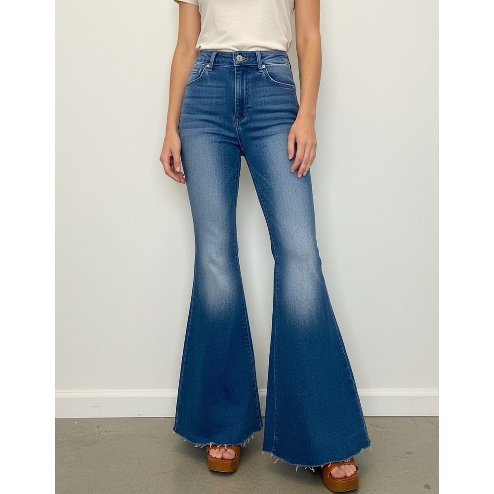 Free People 27 Just Float On Bell Bottom Flare Jeans Blue Festival BOHO Hippie